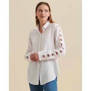 Anne Fontaine White Linen Blend Button Up Floral Lace Sleeve Blouse Size 40